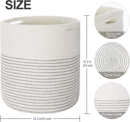 Woven Cotton Rope Plant Basket for 11 12" Flower Pot Floor Indoor Planters, Decor Basket for Plants Storage Organizer Modern Home Decor (12" x 12", White)
