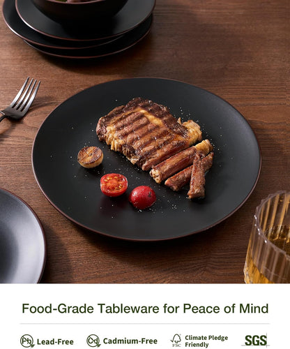 Famiware Venus Plates and Bowls Sets, 12 Pieces Stoneware Dinnerware Sets, Dishes Set for 4, Microwave and Dishwasher Safe, Matte Black