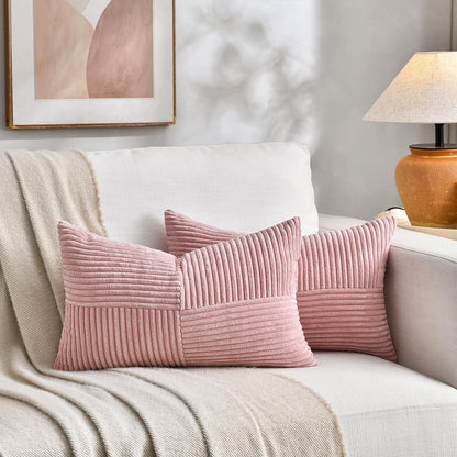 Fancy Homi 2 Packs Blush Pink Long Lumbar Decorative Throw Pillow Covers 12x24 Inch for Couch Bed Sofa, Rustic Farmhouse Boho Home Decor, Soft Striped Corduroy Rectangle Accent Cushion Case 30x60 cm
