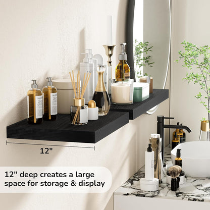 Fun Memories Floating Shelves - 2 Pack 12 Inch Deep Rustic Wooden Wall Shelves - Extra Deeper & Thicker Wall Mounted Storage Shelf for Kitchen, Farmhouse - 16" W x 12" D x 1.5" H - Rustic Black