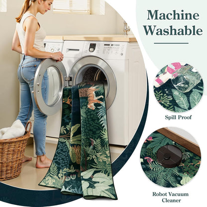 LIVEBOX Washable Bedroom Rug 8x10 Under Bed, Modern Stain Resistant Dark Green Botanical Rug for Living Room Playroom Kids Boy Room, Non-Slip Jungle Forest Print Rugs for Nursery Baby