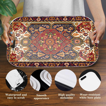 Serving Trays with Handles, 14.5 x 9.8 inch Rectangular Plastic Tray for Restaurant, Kitchen, Dark Red Pattern