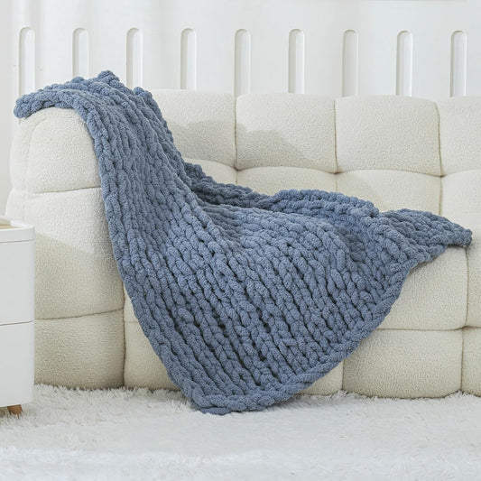 WESHIONGOO Chunky Knit Blanket Throw 40"×40" Knitted Throw Blankets for Couch Bed Fluffy Soft Blanket with Jumbo Chenille Yarn Thick 100% Handmade (Dusty Blue)