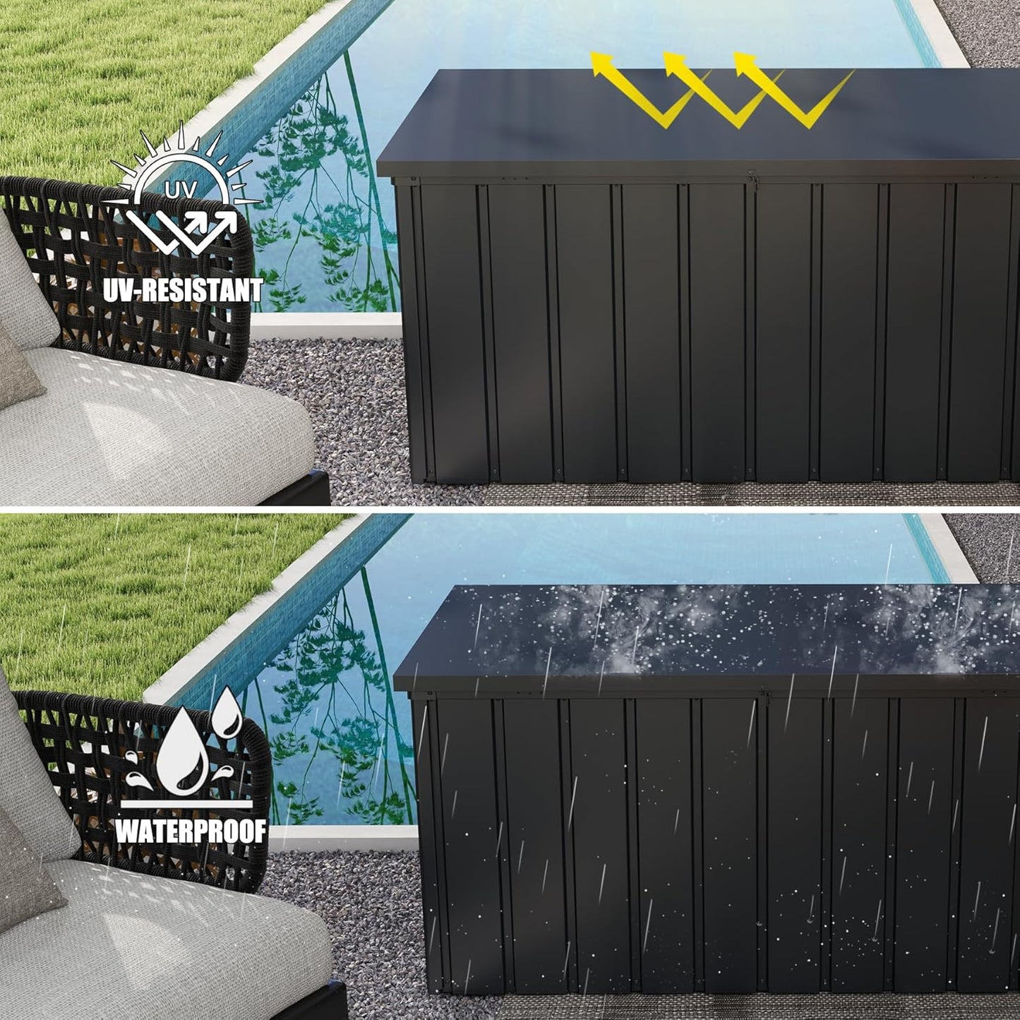 Domi Deck Box Outdoor 150 Gallon, Waterproof Lockable Steel Outdoor Storage Container for Outside Cushions, Garden Tools and Pools Equipment, Gray