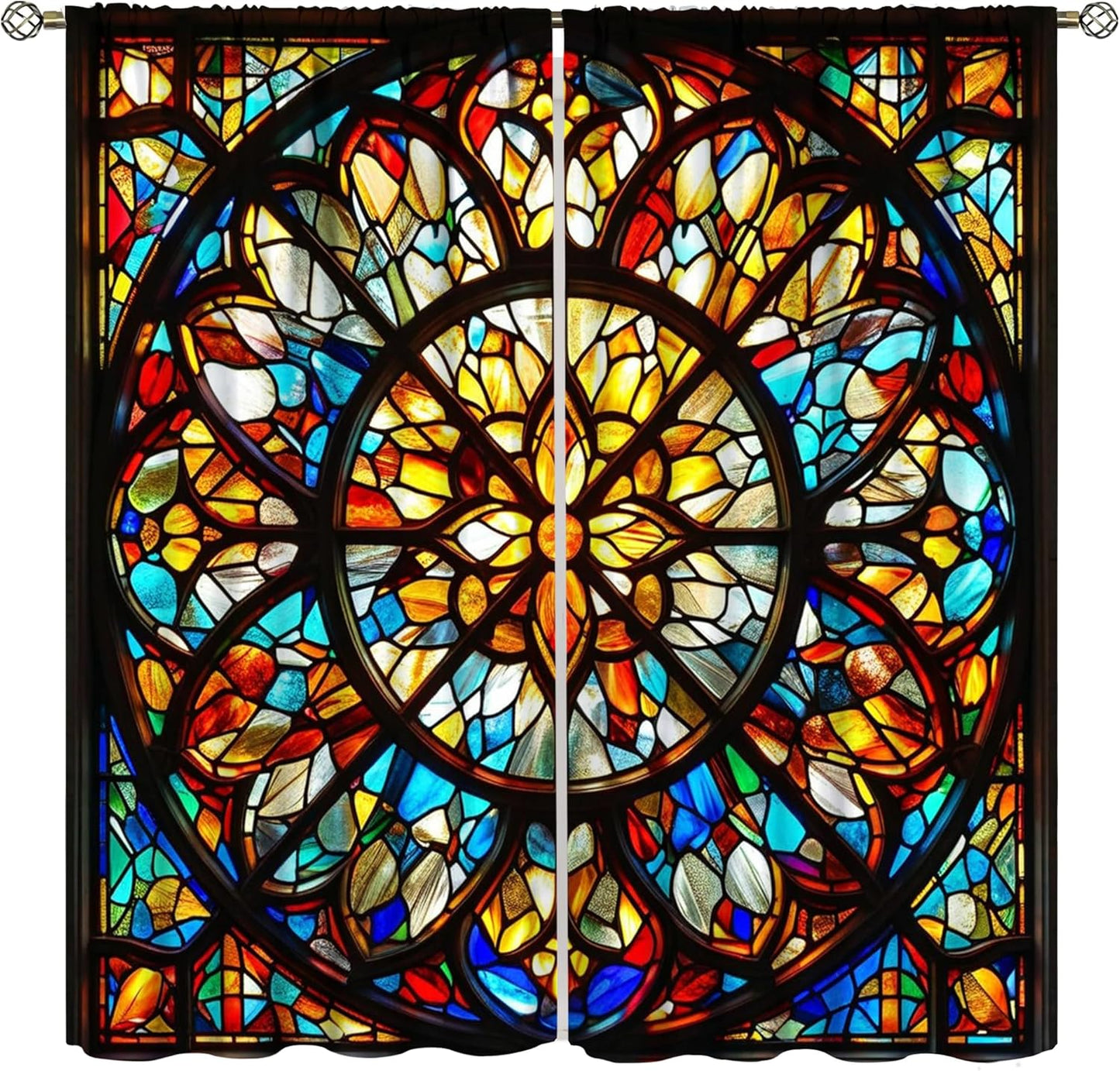 Stained Glass Curtains,Retro Mid Century Abstract Colorful Geometric Prints Home Decor Drapes for Bedroom Living Room Kitchen Window Treatment 2 Panels Set Total Size 84" W X 84" L Inch