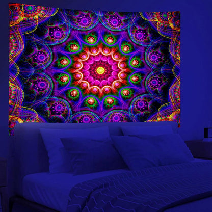 Blacklight Trippy Mandala Tapestry, Boho Black Light Posters for Adults UV Reactive Room Decor for Bedroom Wall (90 x 70 Inches)