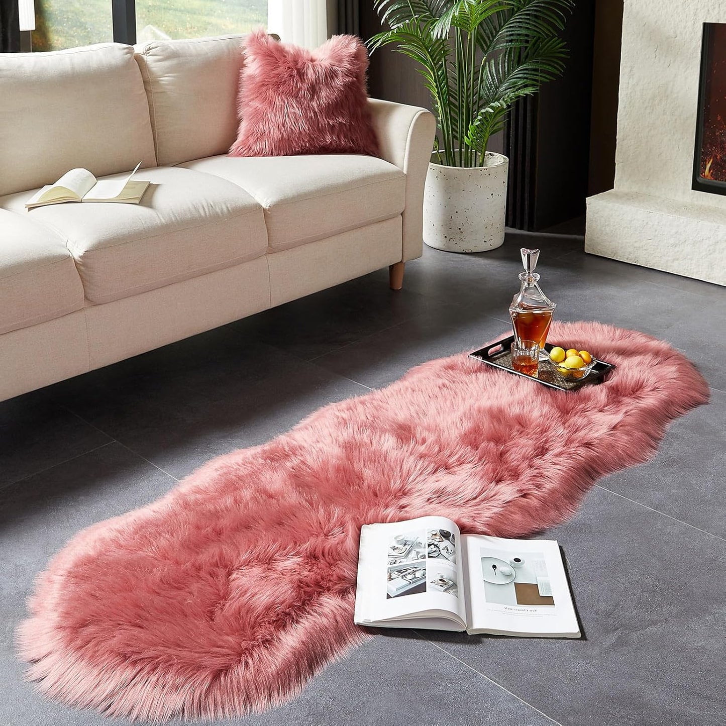 AMTOVO Faux Sheepskin Rug, Blush Pink Ultra Soft Fluffy Shag Area Rug, 2 x 6 ft Faux Fur Rug for Bedroom Sofa Throw Cushion Room Decor, Sheepskin