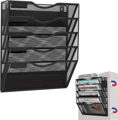 5-Tier Magnetic File Holder, No Drilling Installation File Cabinet Organizer, Black Magnetic File Organizer, Magazine Rack, Magnetic Paper Holder for Refrigerator, File Cabinets, Whiteboard