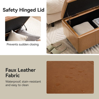 51" Faux Leather Storage Ottoman, Stitch Tufted Rectangle Upholstered End of Bed Storage Bench, Entryway Large Couch Ottoman with Wooden Legs, Light Brown