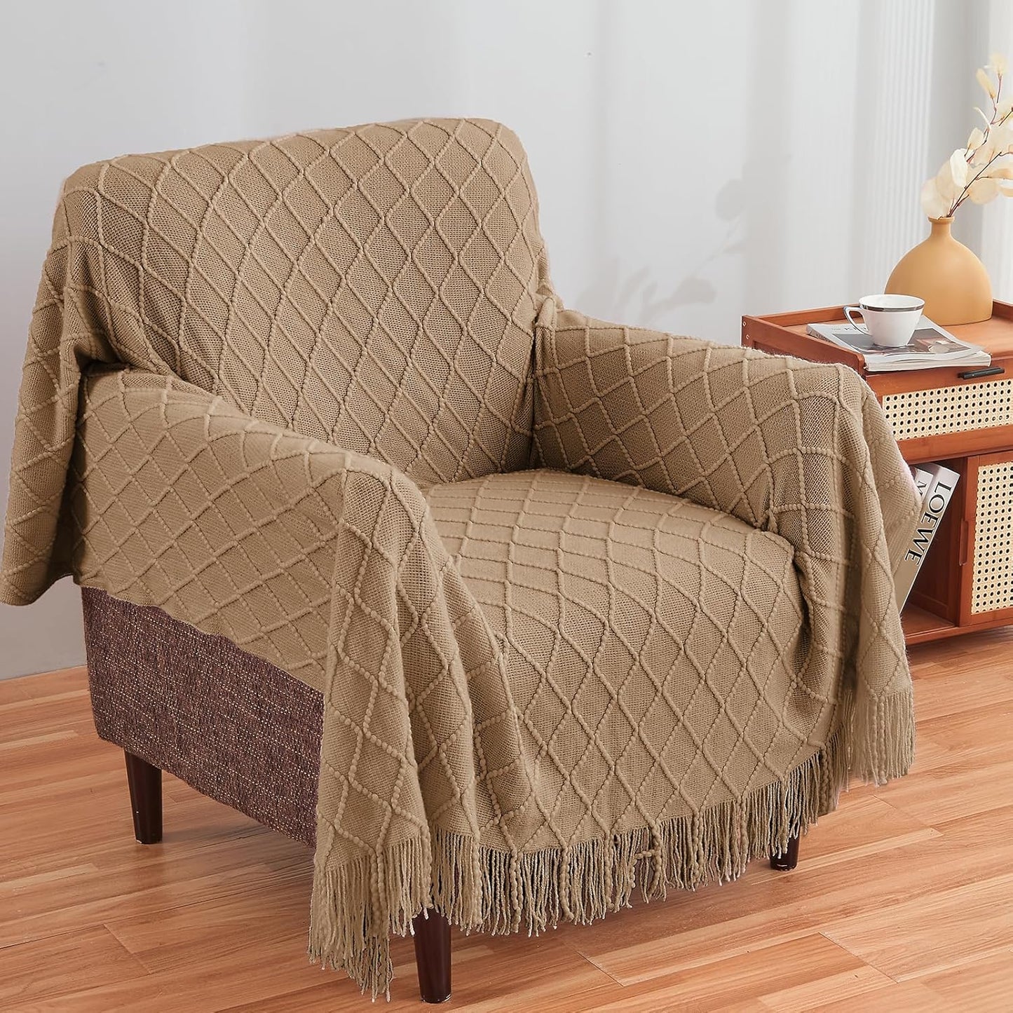 inhand Knitted Throw Blankets for Couch and Bed, Soft Cozy Knit Blanket with Tassel, Khaki Lightweight Decorative Blankets and Throws, Farmhouse Warm Woven Blanket for Men and Women, 50"x60"