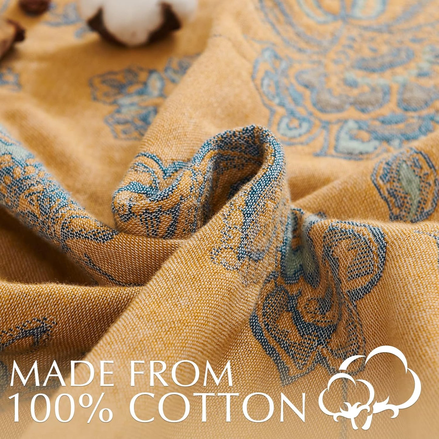 jinchan Boho 100% Cotton Muslin Twin Size 50x60 Inches Blanket Lightweight 4-Layer Quilted Soft Yellow and Blue Floral Throw Blanket Reversible Comfy Flower Breathable All Seasons Couch Bedroom Decor