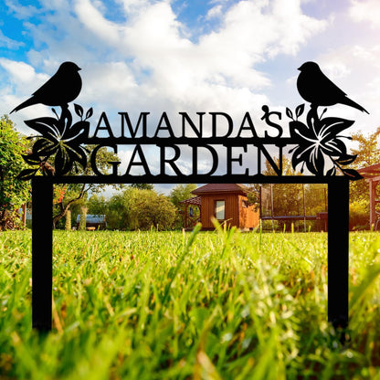 Personalized Metal Garden Name Sign with Flowers and Birds, Custom Yard Sign with Stake