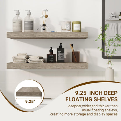 24 Inch Floating Shelves, 3D Textured Wood Grain, 24"x9.25"x1.5" Inch Deep Floating Shelves for Wall, Wooden Shelves for Bathroom, Bedroom, Living Room, Vintage Gray Oak