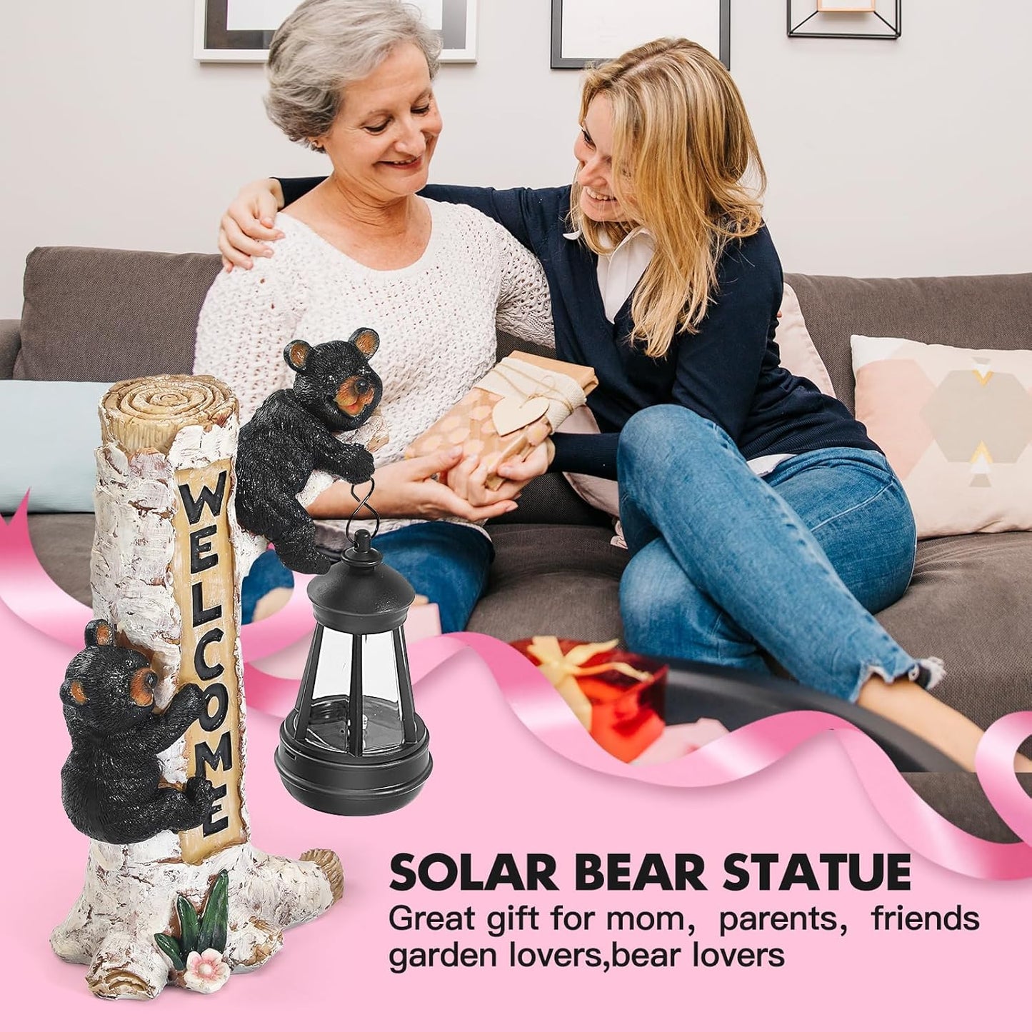 Json Garden Bear Statue with Solar LED Lantern, Gifts for Mom Yard Art, Whimsical Figurine Large Sculpture Lighted Outdoor Mother's Day Spring Decorations for Lawn, Porch