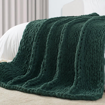Carriediosa Chunky Knit Throw Blanket 60" X 80" Twin, 100% Hand Made Large Chenille Loop Yarn Soft Fluffy Throws for Couch Sofa Bed, Big Crochet Cozy Heavy Thick Cable Woven Blankets, Dark Green