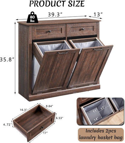 Double Tilt Out Laundry Hamper Cabinet, 20 Gallon Farmhouse Trash Can Cabinet with Drawer, Hidden Wood Garbage Can Bin Cabinet with Laundry Storage Basket for Bathroom, Kitchen, Brown