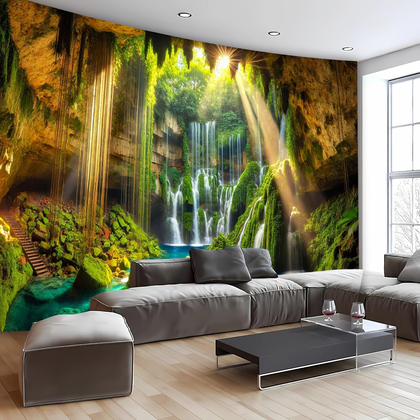 BSFHH Nature Tapestry Forest Tree Sea Cave Wall Hanging, Stream Through Rainforest Landscape Wall Art Tapestry for Bedroom Living room (Cave Waterfall, 110" × 87", Unframed)