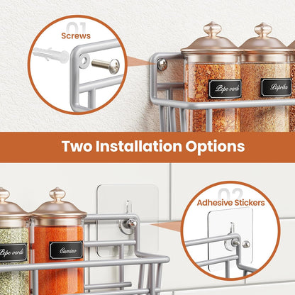 5 Pack Spice Rack Seasoning Organizer Wall Mount, Screw or Adhesive Hanging Shelf Basket Spice Organizer Shelf for Kitchen, Silver