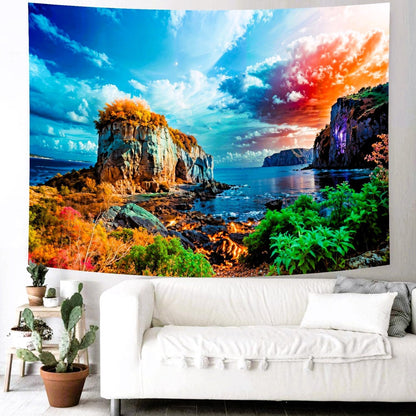Delur Coastal Ocean Beach Tapestry Tropical Forest Tree Sunrise Sea Landscape Tapestry Wall Hanging Wave Sunset Nature Colorful Spiritual Headboard for Bedroom Living Room Home Decor (51.2" x 59.1")