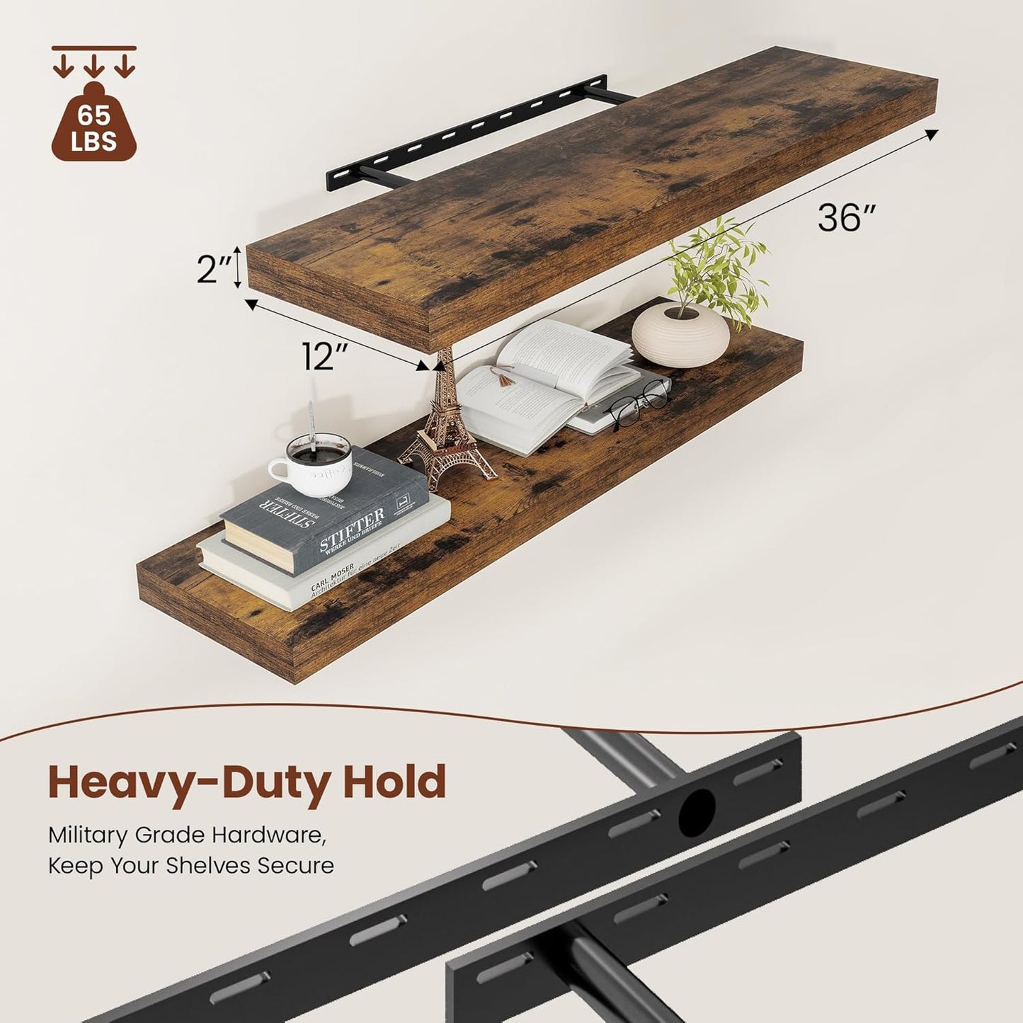 12" Deep Floating Shelves for Wall 36 Inches Long, Heavy Duty Wall Shelves for Bedroom Bathroom Kitchen Laundry Room, Farmhouse Rustic Shelves for Home Decor, 36" X 12" X 2" Set Of 2, Rustic Brown