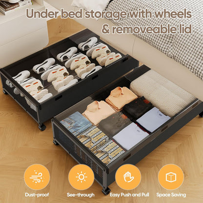 Under Bed Storage Containers with Wheels, 80L Extra-large Underbed Shoe Storage Organizer 2 Pack with Removable Lids, Large Rolling Under Bed Storage Dresser Drawers for Clothes Shoes Blankets