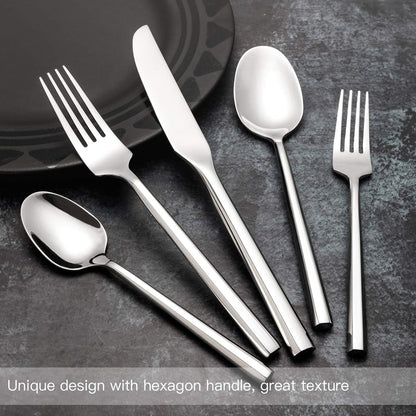 Silverware Set Flatware Set Stainless Steel Heavy Cutlery Set Hexagon Handle Mirror Finished 60 Pieces Service for 12