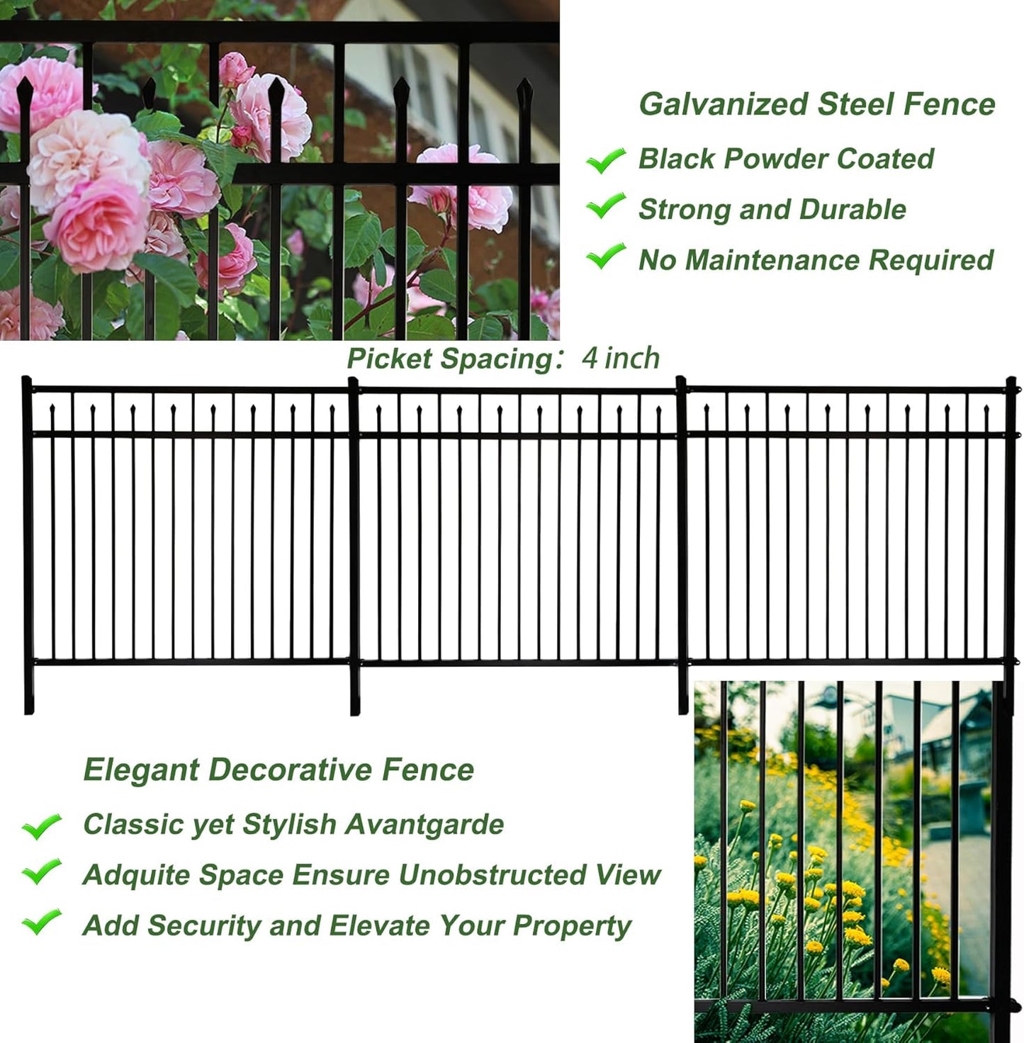Galvanized Steel Fence Panel, 6ft H x 6.5ft W, Decorative DIY Installation for Outdoor Garden, Wrought Iron Style, Black