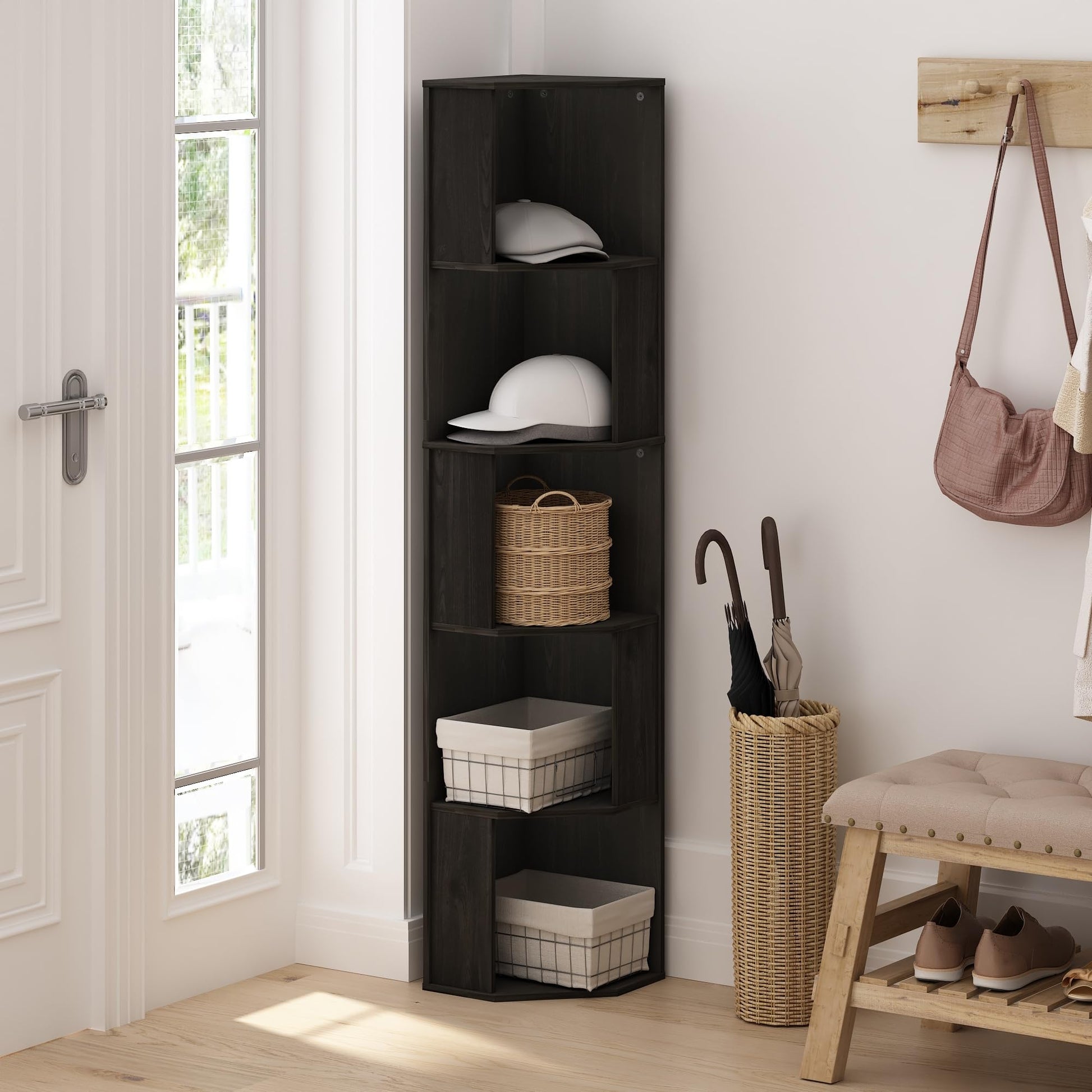 Furinno ECON Corner Shelf, 5-Tier Corner Book Shelf, Standing Storage Shelves, Cube Display Rack