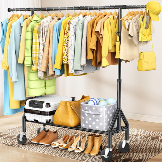 Fybee Heavy Duty Clothes Rack Load 520LBS, Adjustable Rolling Clothing Rack with Sturdy Wheel