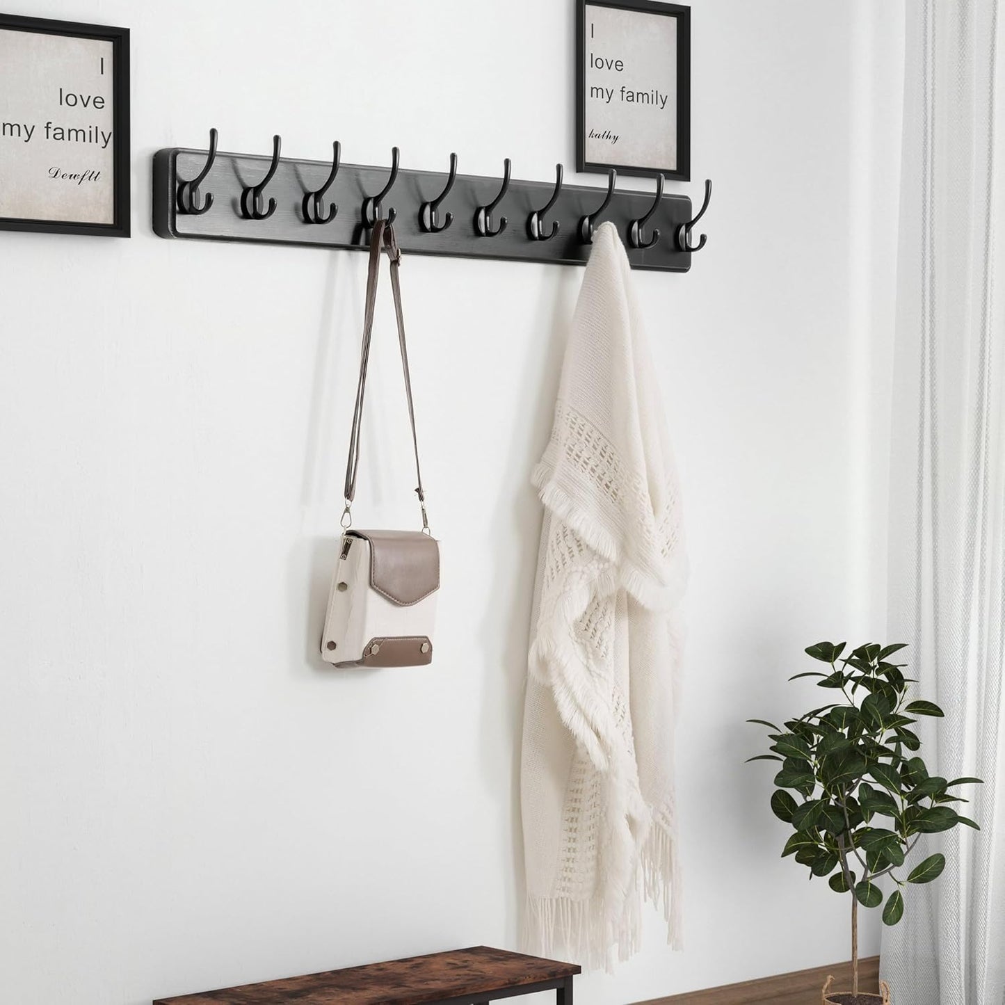 Dseap Wall Mounted Coat Rack: 38-1/4" Long, Patented, Heavy-Duty, 10-Double-Hooks Wooden Hanger Rail for Winter Coats, Hats, Jackets, Clothing - Black, Pack of 2