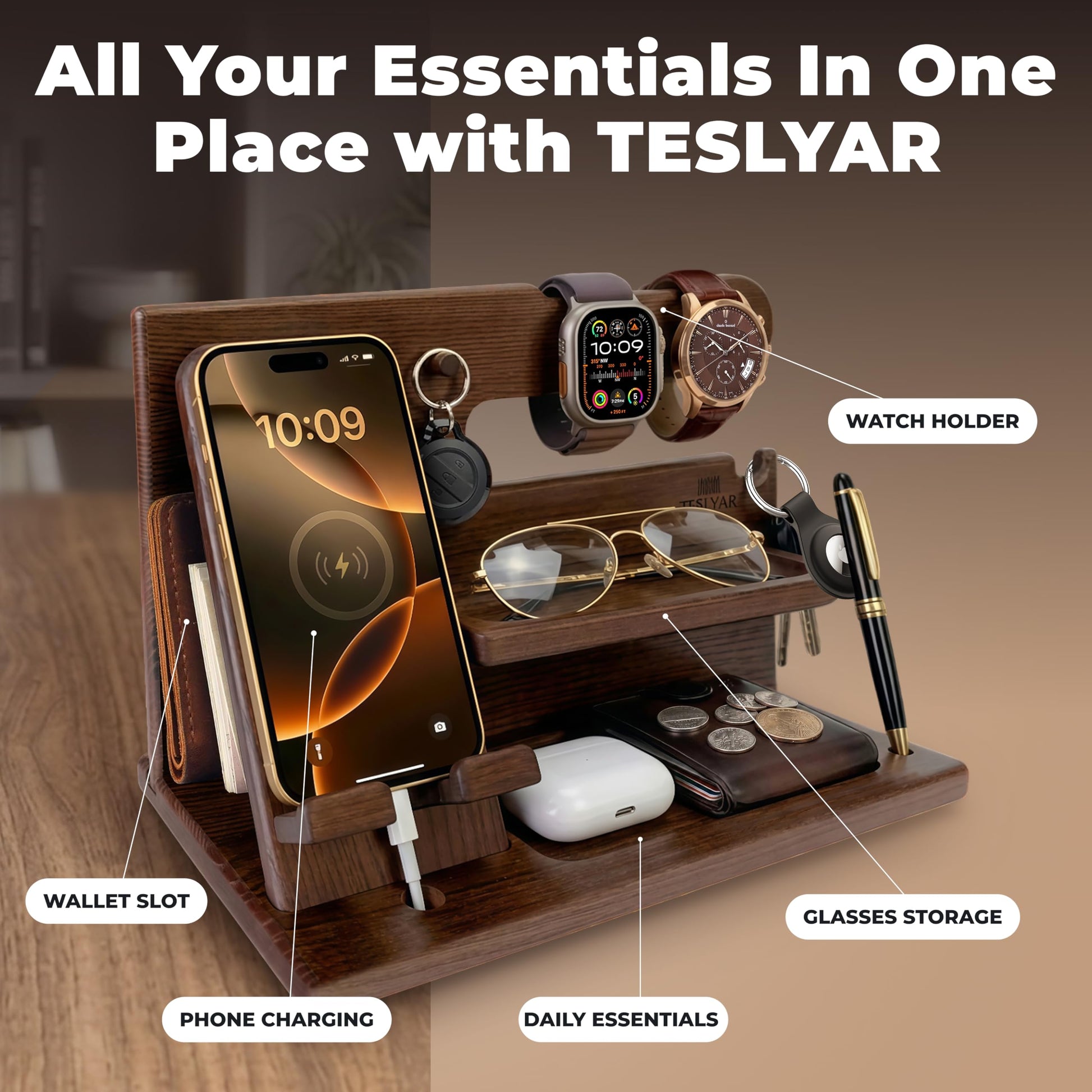 TESLYAR Wood Phone Docking Station for Men - Desk or Nightstand Organizer - Birthday Gifts for