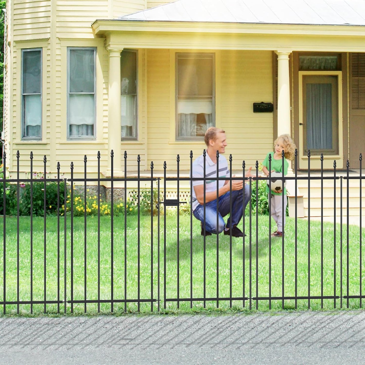 Metal Garden Fence with Gate 42 in H x 12 ft L, 1 Gate + 5 Panels Border Dog Fence Panels Animal Barrier, No Dig Garden Fencing for Yard Patio Flower Bed Lawn Outdoor, Arch Black