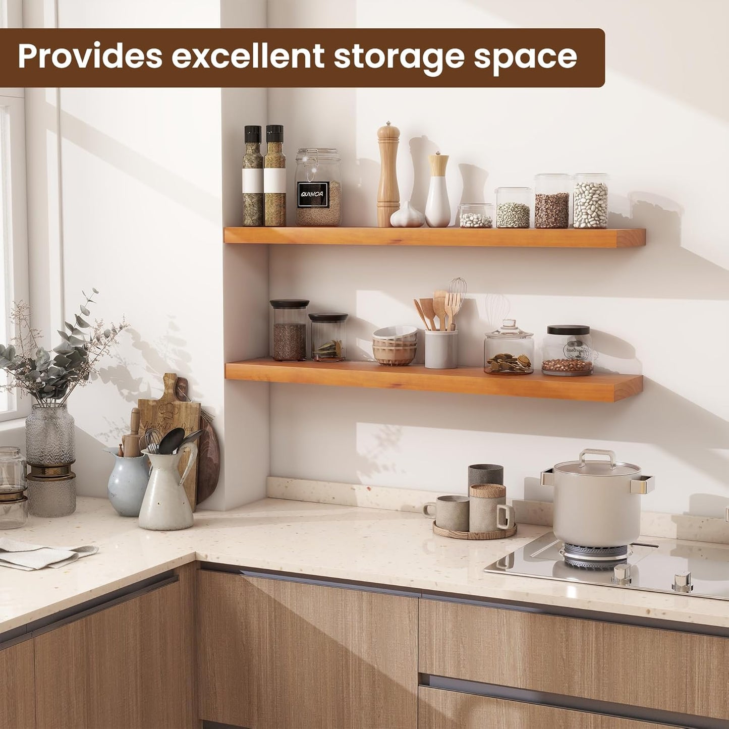 Light Brown Floating Wall Shelves 36 Inches Long x 8”x 1.4” Shelf Floating Rustic Farmhouse Decor, Heavy Duty Shelf Hold 80 lbs, Wall Shelves for Bathroom Living Room Kitchen Bedroom Office