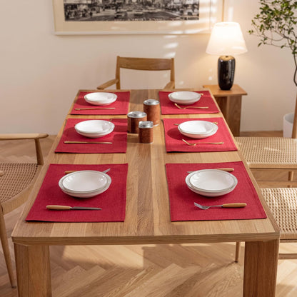 Demetex Christmas Placemats Set of 6 Red Linen Wipeable Place Mats Heat Resistant Cloth Placemats for Dining Table Restaurants Holiday, 13 x 19 inches, Wine Red