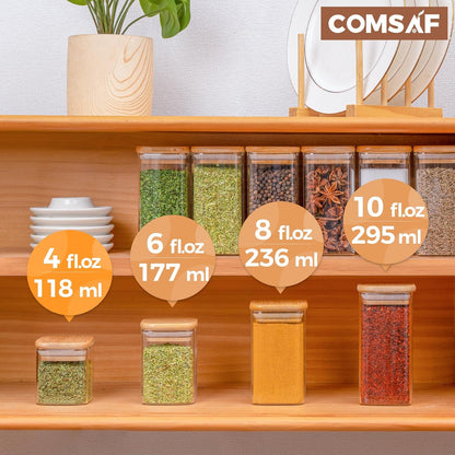 ComSaf 16Pcs Glass Spice Jars with Bamboo Lid, 4oz Airtight Square Spice Containers with 275 Black Lables, Empty Seasoning Jars for Spice Salt Sugar