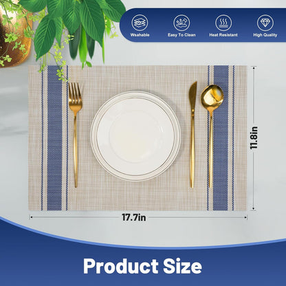 Placemats Set of 6，Non-Slip PVC Weave Table Mats Easy to Clean，Heat Resistant Place Mats for Kitchen Dining Table Decoration Indoor Outdoor，Khaki Blue
