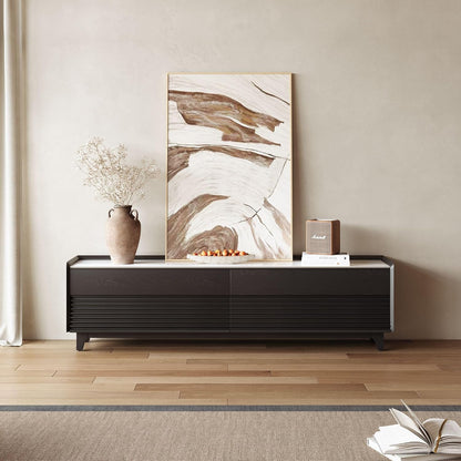 POVISON Fully-Assembled Mid Century Glossy Sintered Stone Tabletop TV Stand with Legs, Wood Media Console with Adjustable LED Light for 75-inch TVs, Entertainment Center with Storage for Living Room