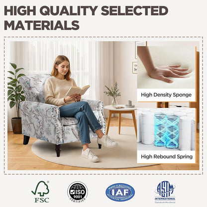 Wingback Accent Chair with Removable Pillow, High Back Floral Armchair with Solid Wood Legs & Nailhead Trim, Comfy Upholstered Reading Single Sofa Chair for Bedroom (1, Bird Floral Pattern)