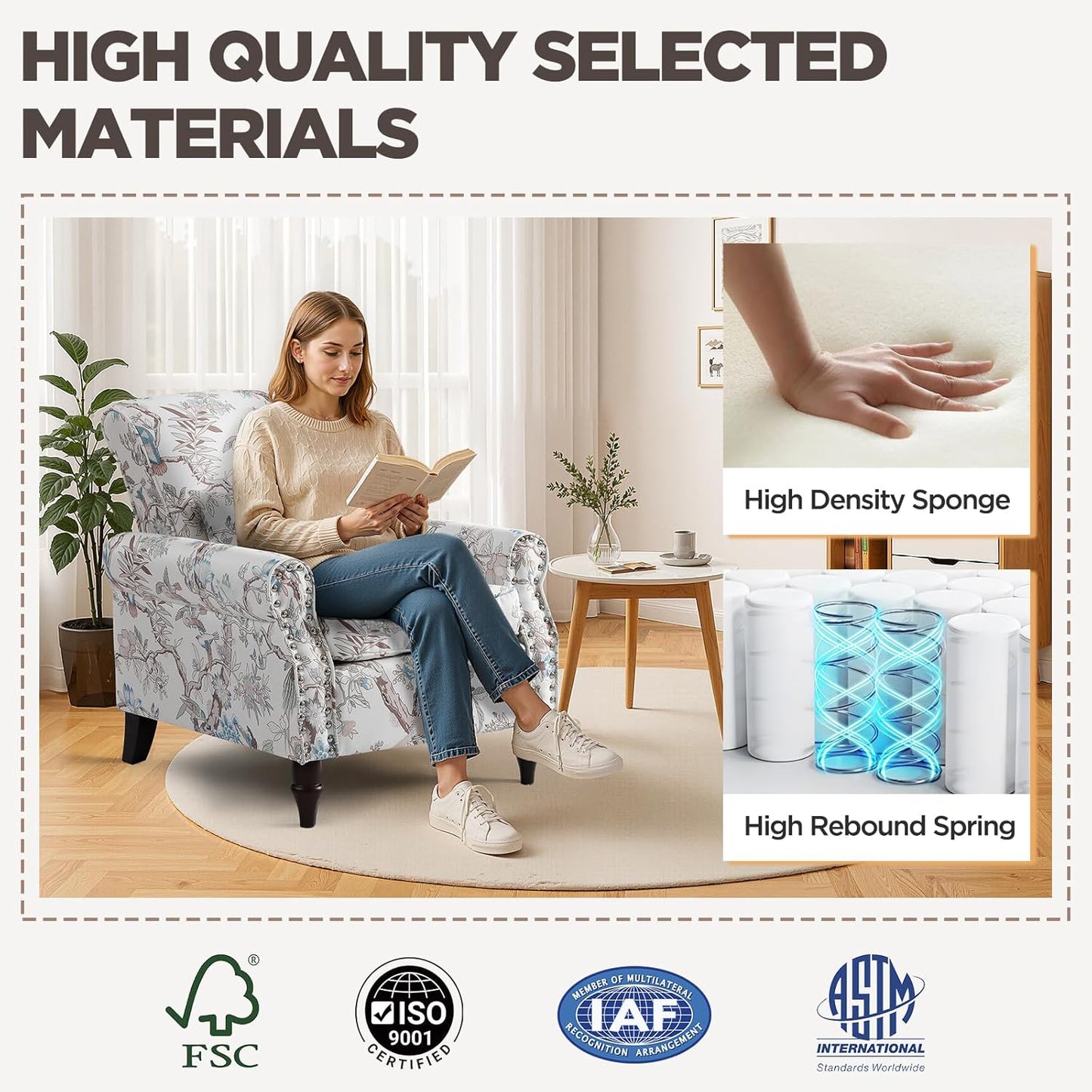 Wingback Accent Chair with Removable Pillow, High Back Floral Armchair with Solid Wood Legs & Nailhead Trim, Comfy Upholstered Reading Single Sofa Chair for Bedroom (2, Bird Floral Pattern)