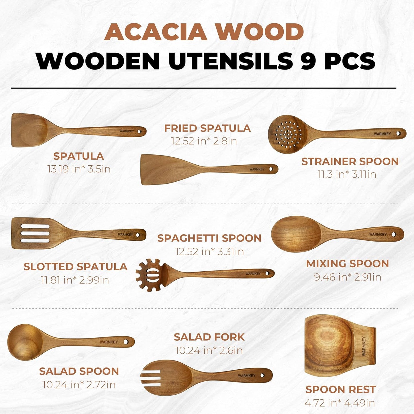 Acacia Wood Kitchen Utensil Set 9PC-Natural Wooden Cooking Tools for Nonstick Pans&Stir Frying,Scratch-Proof&Heat Resistant,Sturdy&Lightweight with Spoon Rest (Kitchen Utensil Set 9PC)