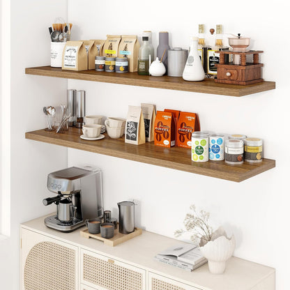 55" Floating Shelves for Wall, 12" Deep Slim Walnut Floating Shelves, Wall-Mounted Shelves for Bedroom, Living Room, Kitchen, Bathroom - Set of 2