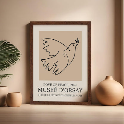 Poster Master Vintage Poster - Retro Minimalist Print - Gift for Artist, Friend - Dove Of Peace, Line Drawing, Sketch, Abstract - Wall Decor for Living Room, Bedroom, 16x20 Brown Framed