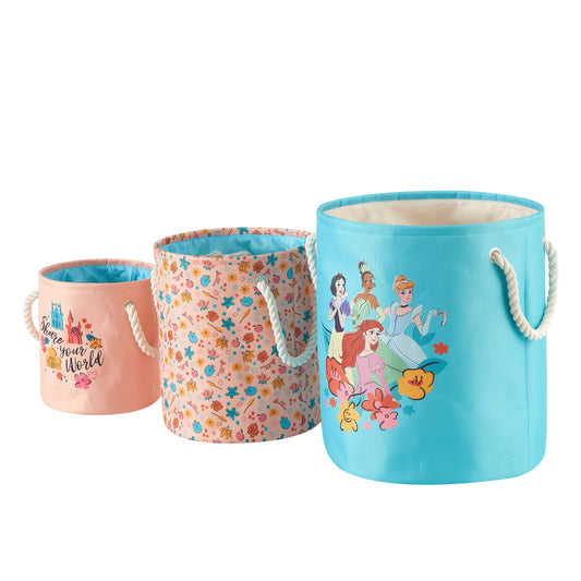 Disney Princess 3 Piece Fabric Storage Basket Set, Nestable Toy Storage Bins with Rope Handles