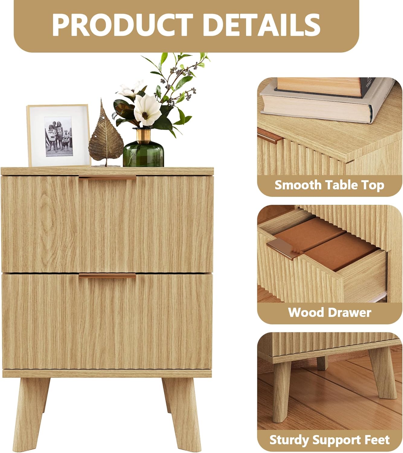 Fluted Nightstand, Mid Century Modern 2 Drawer Bedside Table for Bedroom, Small Dresser Night Stand Side End Table with Wood Fluted Drawer Storage for Bedroom Closet(Natural)