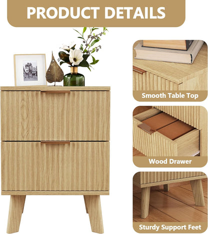 Fluted Nightstand, Mid Century Modern 2 Drawer Bedside Table for Bedroom, Small Dresser Night Stand Side End Table with Wood Fluted Drawer Storage for Bedroom Closet(Natural)