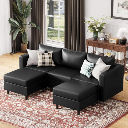 91.5" Faux Leather U Shaped Modular Sectional Sofa, 5 Seater Couch with Movable Ottoman Deep Seat and Storage Seat with Removable Cover for Living Room, Apartment - Black