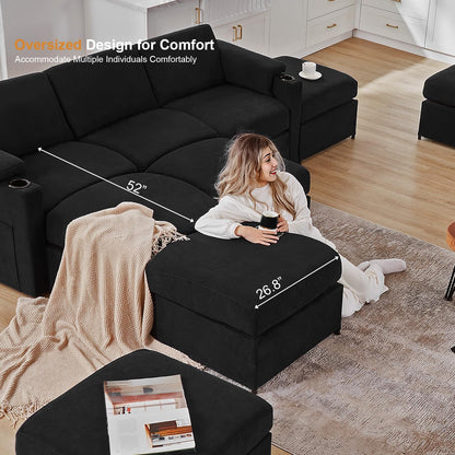 Modular Sectional Sofa Couch for Living Room Velvet Cloud Couches Oversized U Shaped Sectional Couch Convertible Sleeper Sofa Chaise Padded Armrests Cup Holder (Black, 8 Seats)