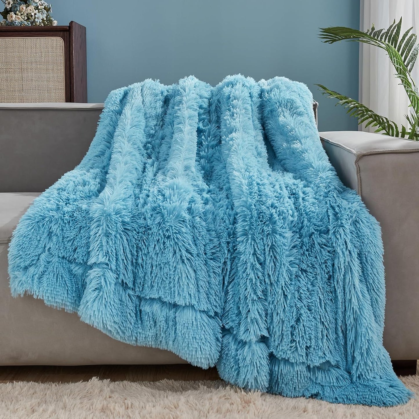 GONAAP Fuzzy Faux Fur Throw Blanket Twin Size Sky Blue Super Soft Cozy Plush Fuzzy Shaggy Blanket for Couch Sofa Bed (Sky Blue, Twin(60"x80"))