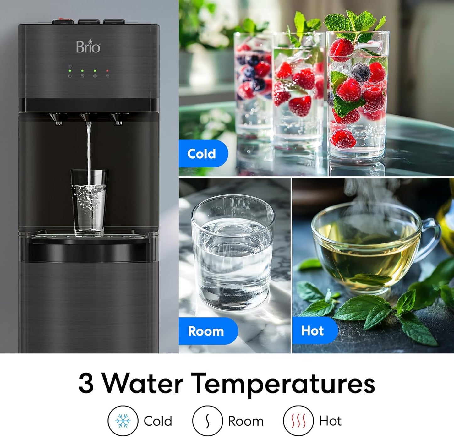 Brio Self Cleaning Bottom Loading Water Cooler Water Dispenser – Black Stainless Steel - 3 Temperature Settings - Hot, Room & Cold Water