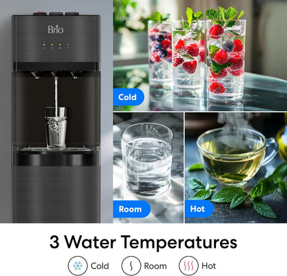 Brio Self Cleaning Bottom Loading Water Cooler Water Dispenser – Black Stainless Steel - 3 Temperature Settings - Hot, Room & Cold Water
